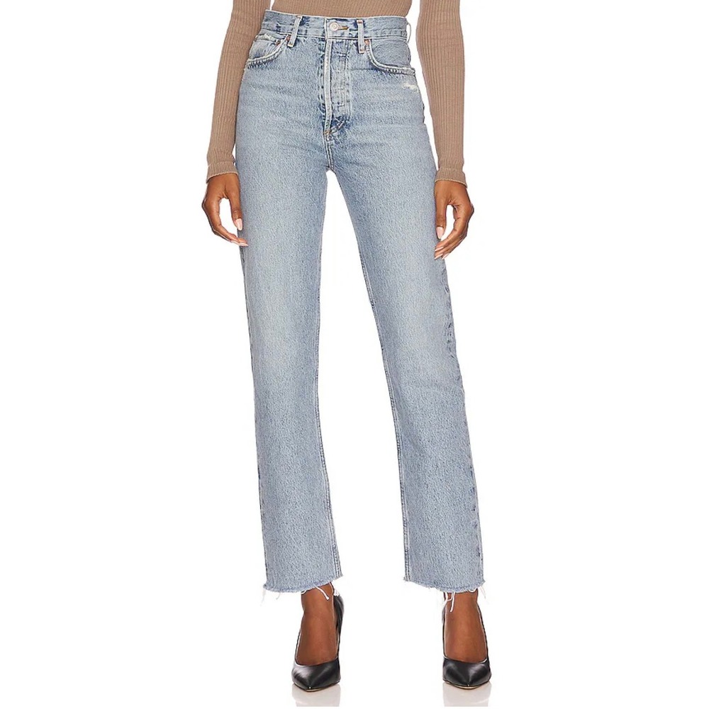 Agolde High Rise 90's Pinch Light Wash Straight Leg Jeans Distressed Hem 23